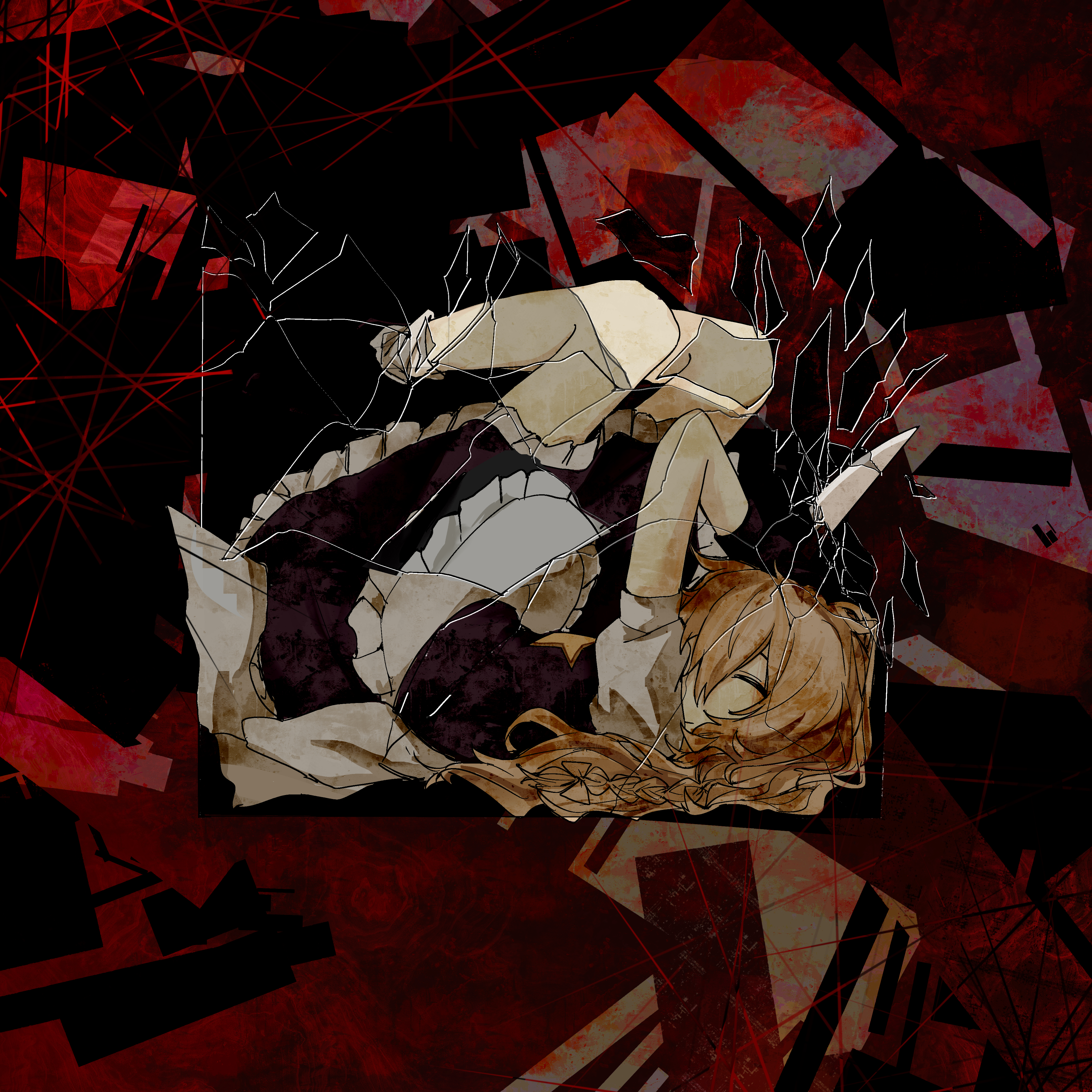 kirisame marisa, suzu (cookie), cookie (touhou), touhou, absurdres, commentary, english commentary, highres, 1girl, apron, black skirt, black vest, blonde hair, braid, broken glass, closed eyes, closed mouth, frilled apron, frilled skirt, frills, glass, holding, holding knife, knife, long hair, lying, on back, puffy short sleeves, puffy sleeves, red background, shirt, short sleeves, side braid, single braid, sixsec6ndzlater, skirt, skirt set, smile, socks, solo, star (symbol), vest, waist apron, white apron, white shirt, white socks