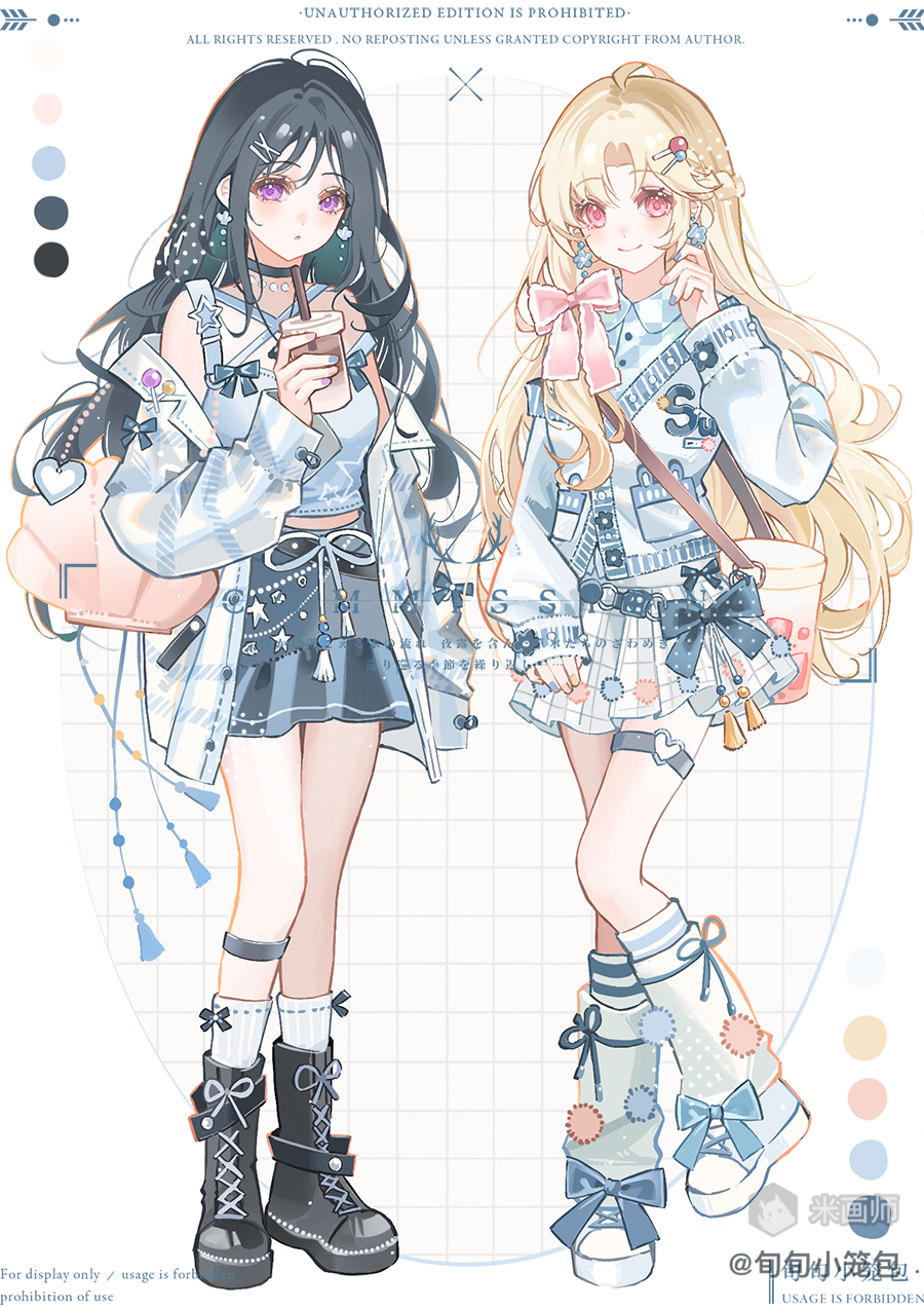 original, commission, highres, 2girls, ahoge, bare shoulders, black boots, black choker, black hair, blonde hair, blue shirt, blue skirt, boots, bow, choker, closed mouth, color guide, cup, earrings, full body, hair bow, hand up, holding, holding cup, jacket, jewelry, kneehighs, lace-up boots, legwear garter, long hair, long sleeves, looking at viewer, mihuashi username, multiple girls, off shoulder, open clothes, open jacket, parted bangs, parted lips, pink bow, pleated skirt, purple eyes, red eyes, shirt, shoes, skirt, sleeveless, sleeveless shirt, smile, socks, standing, watermark, white background, white jacket, white shoes, white skirt, white socks, xun xun xiaolongbao