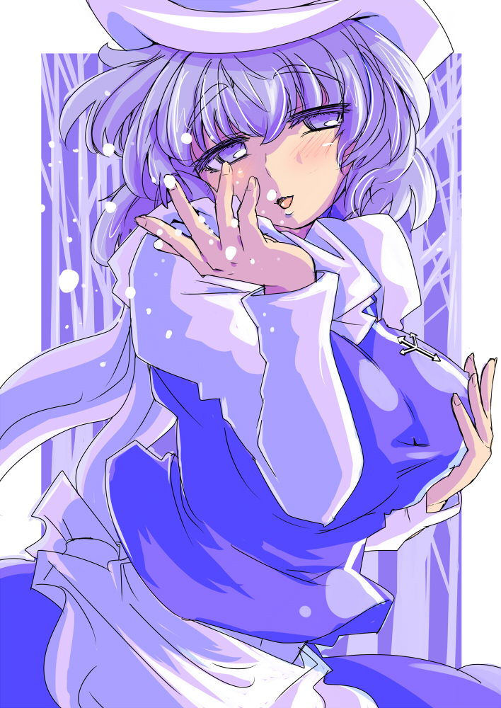 eruichi (redphantom), letty whiterock, touhou, commentary, commentary request, 1girl, apron, blush, border, breasts, fingernails, hand on own chest, hat, large breasts, long sleeves, looking at viewer, outside border, purple eyes, purple hair, purple skirt, purple vest, scarf, shirt, skirt, skirt set, smile, solo, tree, vest, waist apron, white apron, white border, white hat, white scarf, white shirt