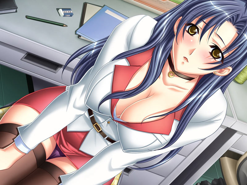 shindou mikeko, adachi ayana, maho gaku, game cg, 1girl, belt, blue hair, blush, breasts, choker, cleavage, covered erect nipples, desk, dutch angle, earrings, female focus, jewelry, large breasts, long hair, miniskirt, office lady, panties, pantyshot, purple panties, sitting, skirt, solo, thighhighs, underwear, yellow eyes