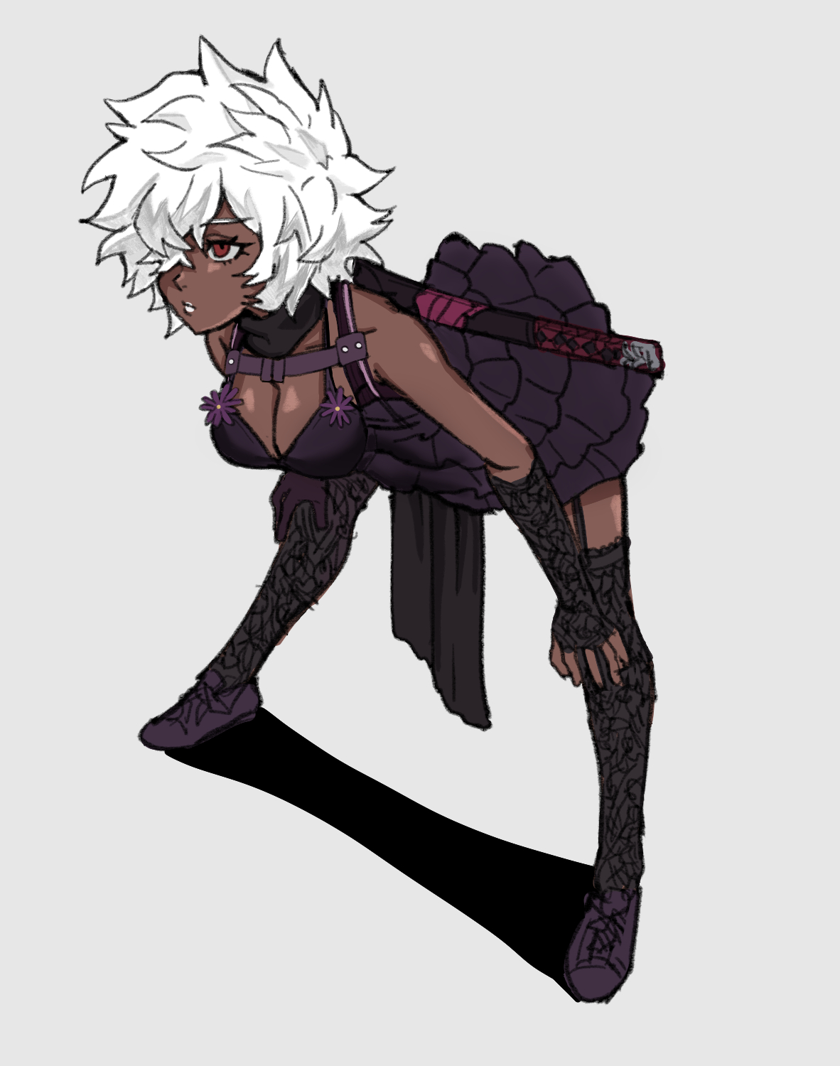 cez, shinobu jacobs, no more heroes, commentary, english commentary, highres, 1girl, bent over, black dress, black thighhighs, breasts, cleavage, closed mouth, dark-skinned female, dark skin, dress, eyelashes, fingerless gloves, full body, garter straps, gloves, hair over one eye, hands on own knees, red eyes, sheath, short hair, sleeveless, sleeveless dress, solo, thighhighs, white hair, white lips