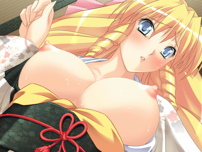 blonde hair, blue eyes, blush, braid, breasts, japanese clothes, kimono, large breasts, long hair, wet