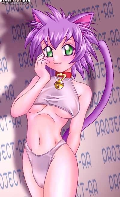 animal ears, blush, breasts, cat ears, collar, green eyes, looking at viewer, navel, purple hair, short hair, thighhighs