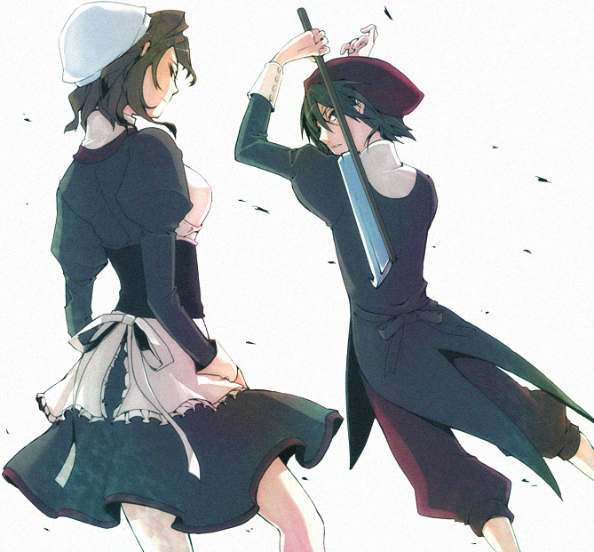 35, kanon (umineko), shannon (umineko), umineko no naku koro ni, bad id, bad pixiv id, 00s, 1boy, 1girl, cleaver, hashitsuki nata, hat, hatchet, looking back, maid, nata (tool), pantyhose