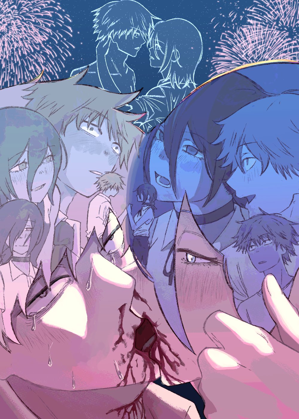 rinneko art, denji (chainsaw man), reze (chainsaw man), chainsaw man, highres, 1boy, 1girl, aerial fireworks, blood, blue hair, crying, crying with eyes open, fireworks, grey eyes, grey hair, hetero, kiss, light blush, tears
