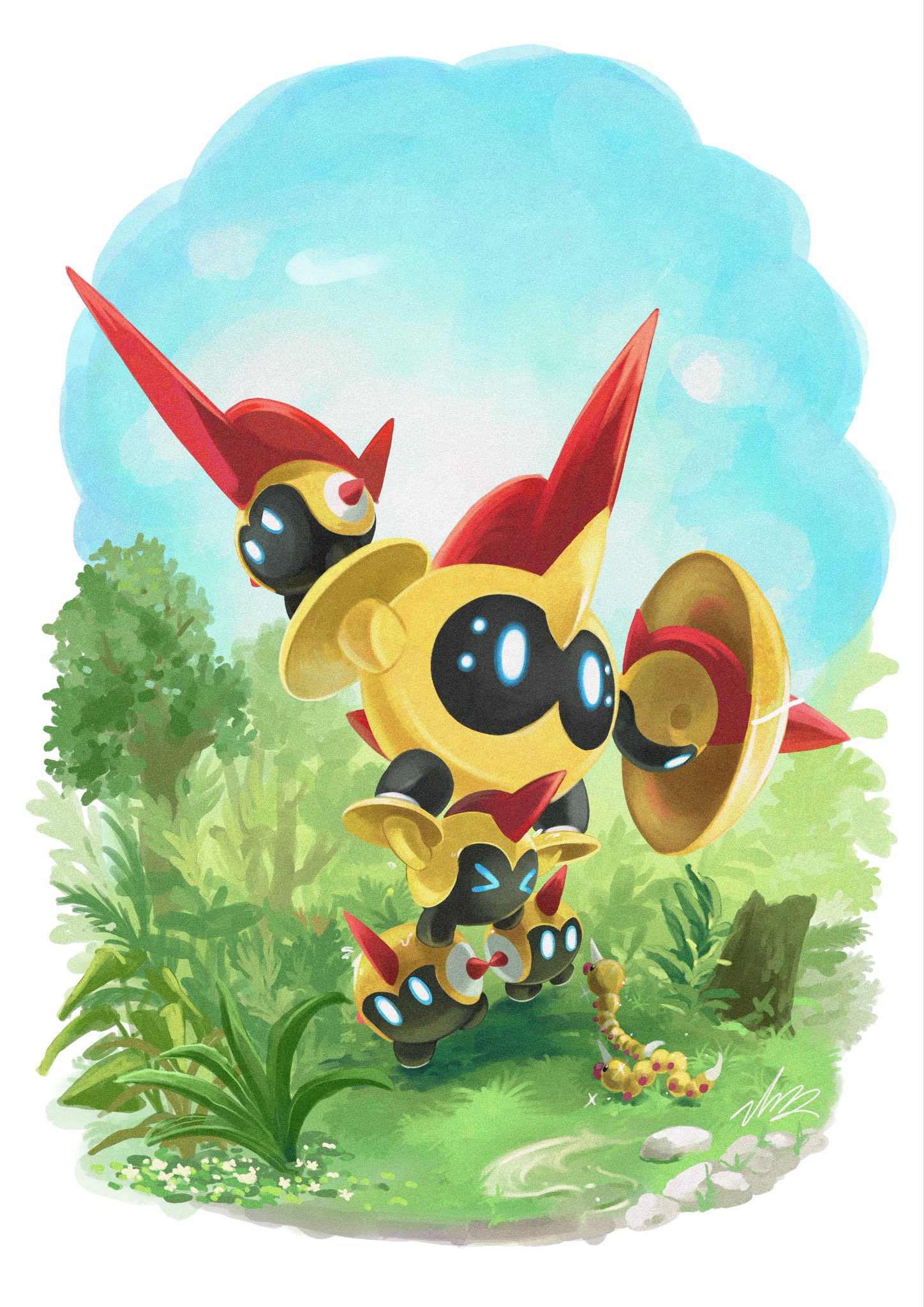 blawn z, falinks, mega falinks, weedle, nintendo, pokemon, highres, blue sky, bug, caterpillar, gen 1 pokemon, gen 8 pokemon, grass, holding, holding shield, horns, mega pokemon, no humans, outdoors, plant, pokemon (creature), pokemon focus, shield, single horn, sky, sphere body, tail