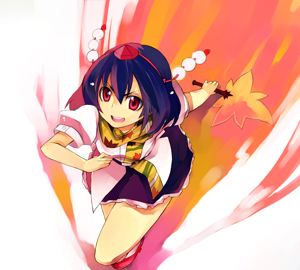 sawamura hikaru, shameimaru aya, touhou, 1girl, black hair, blue hair, female focus, foreshortening, geta, hand fan, hat, laughing, looking at viewer, miniskirt, multicolored hair, open mouth, pink hair, red eyes, ribbon, running, short hair, skirt, smile, solo, tengu-geta, tokin hat, two-tone hair