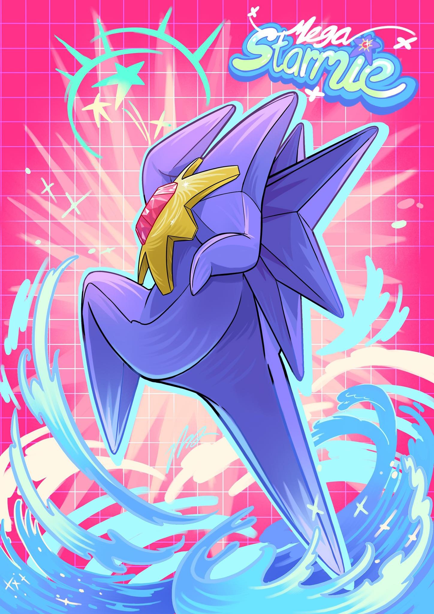 blawn z, mega starmie, starmie, nintendo, pokemon, pokemon legends: z-a, highres, colored skin, full body, gem, gen 1 pokemon, leg up, long legs, mega pokemon, no eyes, no humans, pokemon (creature), pokemon focus, purple skin, red gemstone, star (symbol), starfish, water