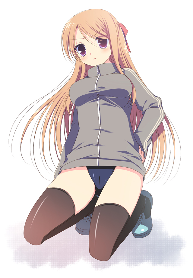 sumii, original, bad id, bad pixiv id, buruma, cameltoe, long hair, orange hair, ribbon, solo, thighhighs, zettai ryouiki