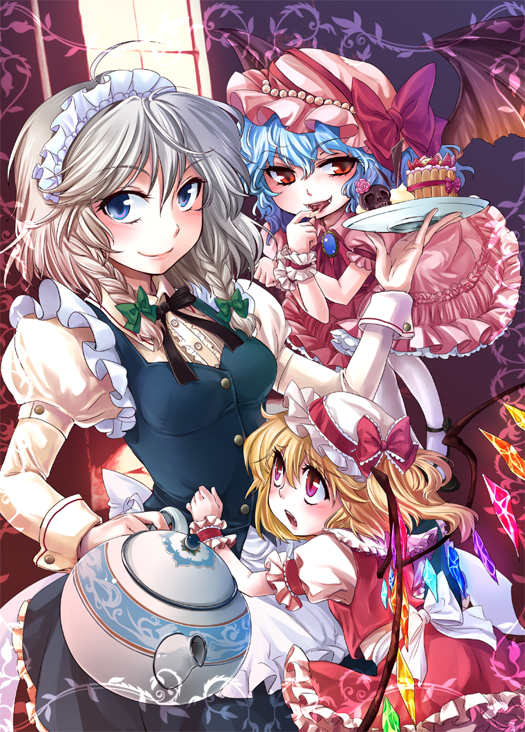matilda (matildax), flandre scarlet, izayoi sakuya, remilia scarlet, embodiment of scarlet devil, touhou, silver hair, 3girls, bat wings, blonde hair, blue eyes, blue hair, braid, cake, fangs, female focus, finger to mouth, food, hairband, hat, kettle, multiple girls, pastry, ponytail, red eyes, short hair, side ponytail, skull, teapot, tray, twin braids, wings, wrist cuffs