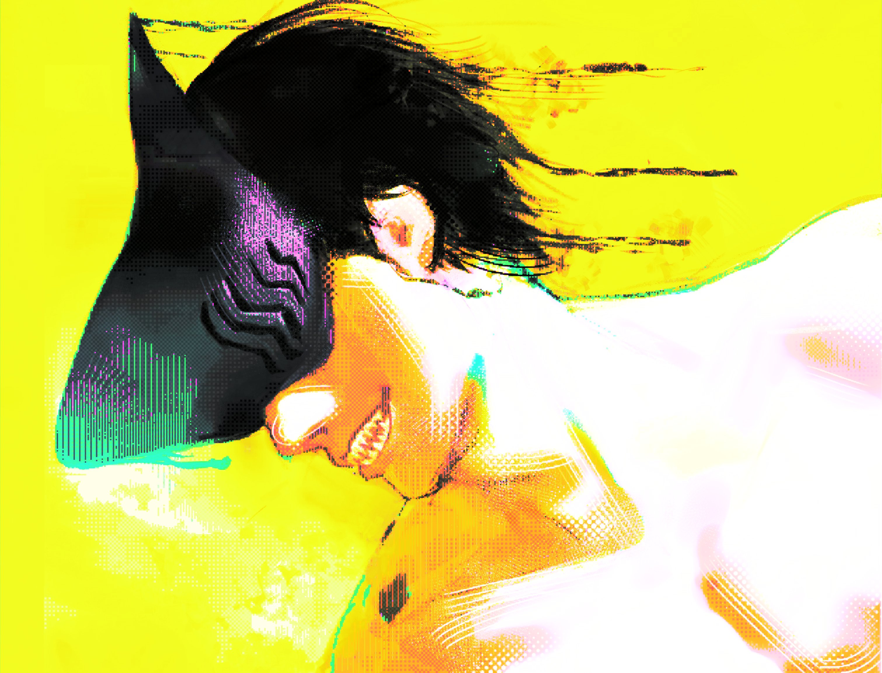 sza217uu, beam (chainsaw man), chainsaw man, hashtag-only commentary, highres, 1boy, black hair, male focus, open mouth, shark boy, sharp teeth, short hair, solo, teeth, yellow background