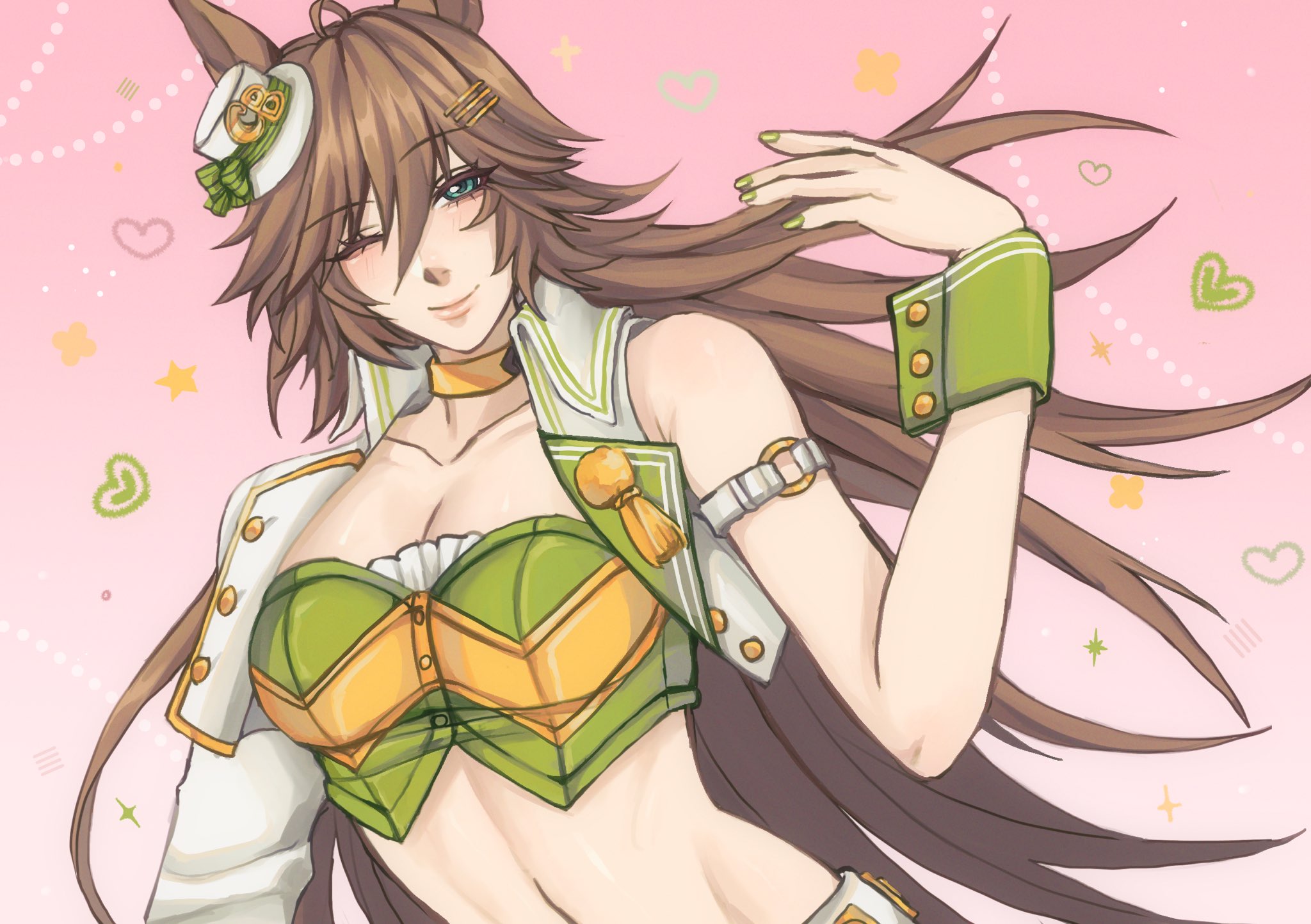 sunny pretzel, mr. c.b. (clear bliss) (umamusume), mr. c.b. (umamusume), umamusume, highres, 1girl, ahoge, animal ears, arm strap, asymmetrical jacket, blue eyes, blush, breasts, brown hair, choker, cleavage, closed mouth, cropped jacket, green shirt, hair between eyes, hair ornament, hairclip, hat, heart, horse ears, horse girl, jacket, large breasts, long hair, long sleeves, looking at viewer, midriff, mini hat, mini top hat, navel, one eye closed, pants, shirt, single bare shoulder, single sleeve, single wrist cuff, smile, solo, strapless, strapless shirt, top hat, upper body, white hat, white jacket, white pants, wrist cuffs, yellow choker
