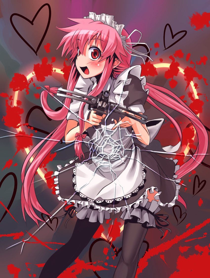 patorishia, gasai yuno, kadokawa shoten, mirai nikki, 1girl, blood, bow (weapon), crossbow, female focus, frilled thighhighs, frills, heart, maid, maid headdress, moe moe kyun!, pink hair, solo, thighhighs, weapon, yandere