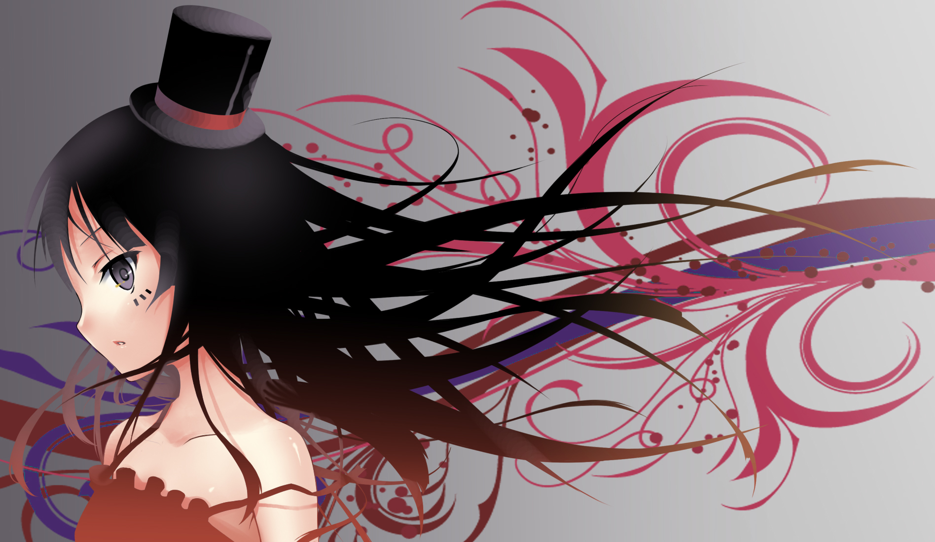 otogi, rie (reverie), akiyama mio, don't say "lazy", k-on!, bad id, bad pixiv id, highres, 00s, 1girl, bare shoulders, black hair, dress, facepaint, female focus, hat, long hair, mini hat, mini top hat, purple eyes, solo, top hat