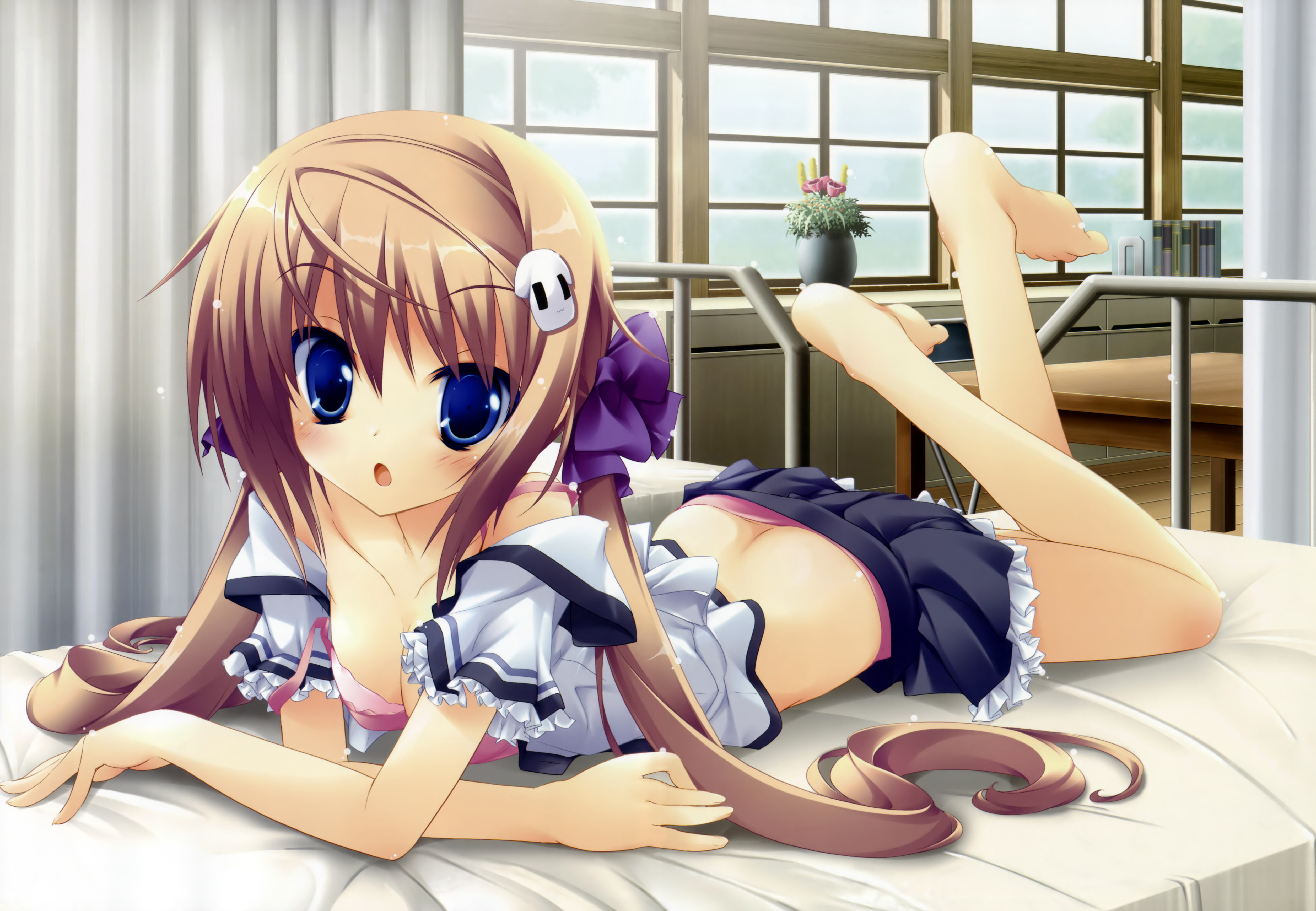 lucie, shinohara sera, koiiro soramoyou, absurdres, highres, 1girl, ass, barefoot, bed, blonde hair, blue eyes, blush, bra, breasts, brown hair, cleavage, dog hair ornament, feet, hair ornament, hair ribbon, hairclip, lingerie, long hair, lying, on stomach, open clothes, open shirt, panties, pink bra, pink panties, plant, potted plant, ribbon, school uniform, shirt, strap slip, twintails, underwear, window