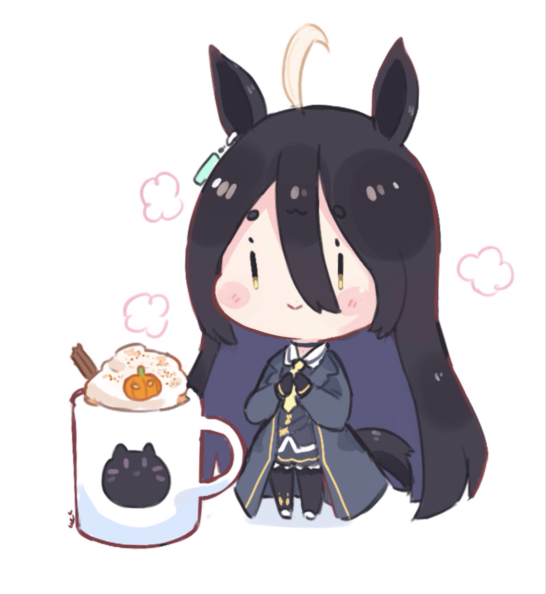 ukichan22905846, manhattan cafe (creeping black) (umamusume), manhattan cafe (umamusume), umamusume, highres, 1girl, ahoge, animal ears, black coat, black gloves, black hair, black pantyhose, blush, blush stickers, chibi, cinnamon stick, closed mouth, coat, coffee, coffee mug, collared shirt, cup, ear tag, earrings, gloves, hair between eyes, horse ears, horse girl, horse tail, jewelry, long bangs, long hair, long hair between eyes, long sleeves, looking at viewer, mug, multicolored hair, necktie, pantyhose, pumpkin spice latte, shirt, single earring, skirt, smile, solo, tail, very long hair, whipped cream, white hair, yellow eyes, yellow necktie