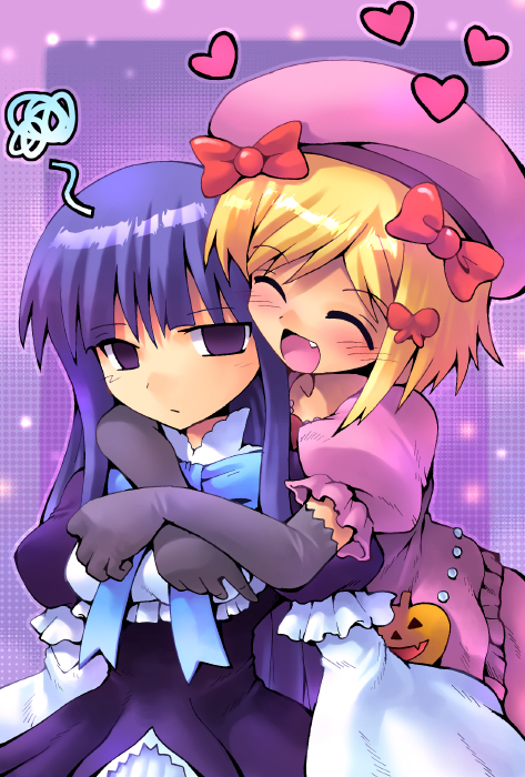 kurogarasu, frederica bernkastel, lambdadelta, umineko no naku koro ni, 00s, 2girls, blonde hair, blue eyes, blue hair, elbow gloves, fang, gloves, hat, heart, hug, multiple girls, pink hat