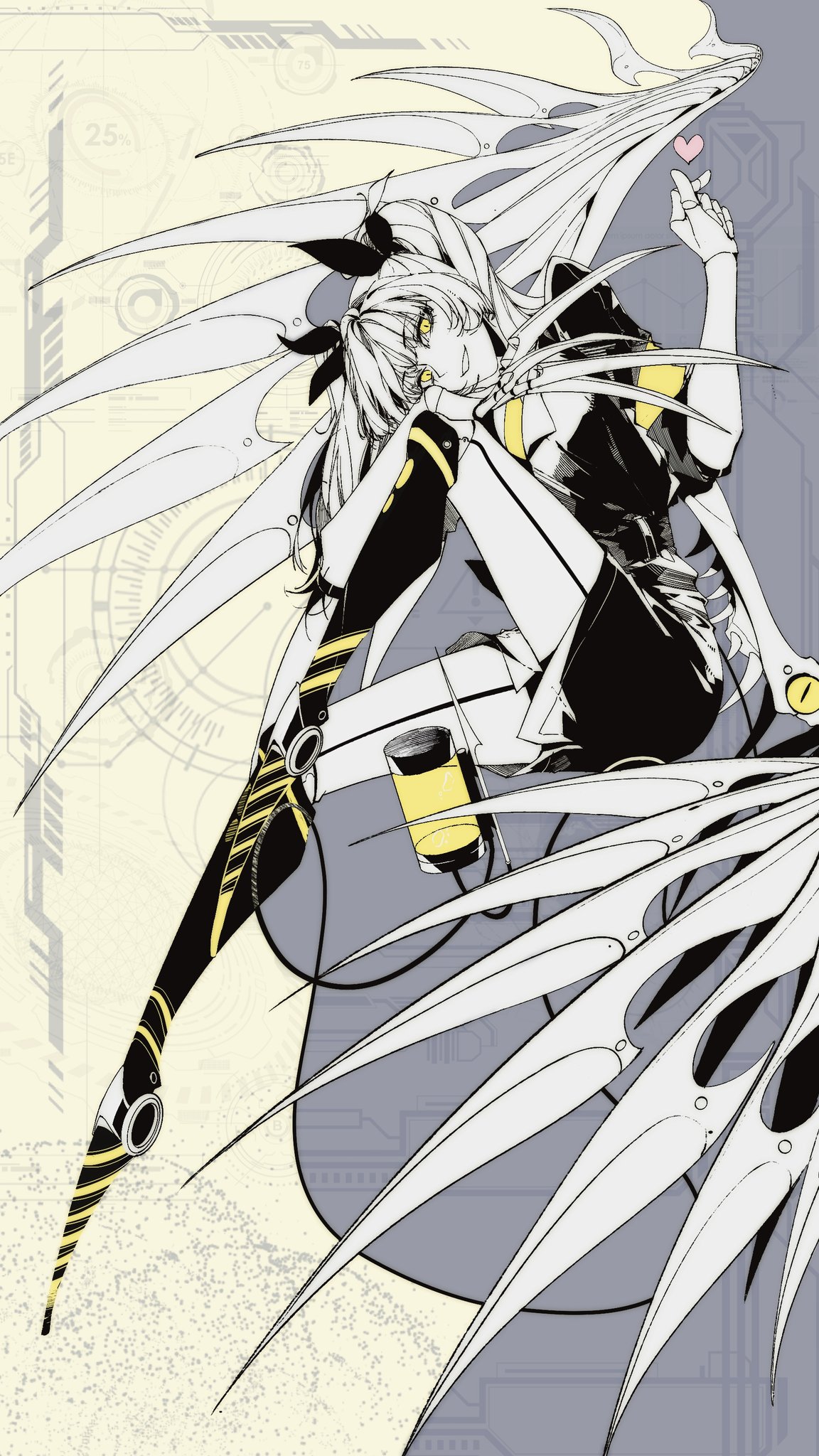 j (murder drones), murder drones, highres, 1girl, black bow, black jacket, black skirt, bow, claws, colored skin, doll joints, finger heart, from side, full body, garter straps, hair bow, hand on own knee, head on hand, heart, humanization, jacket, joints, leg up, looking at viewer, mechanical legs, mechanical wings, mitsuwaterh2o, multiple hair bows, necktie, sitting, skirt, slit pupils, smile, solo, tail, twintails, white skin, wings, yellow eyes, yellow necktie, yellow theme