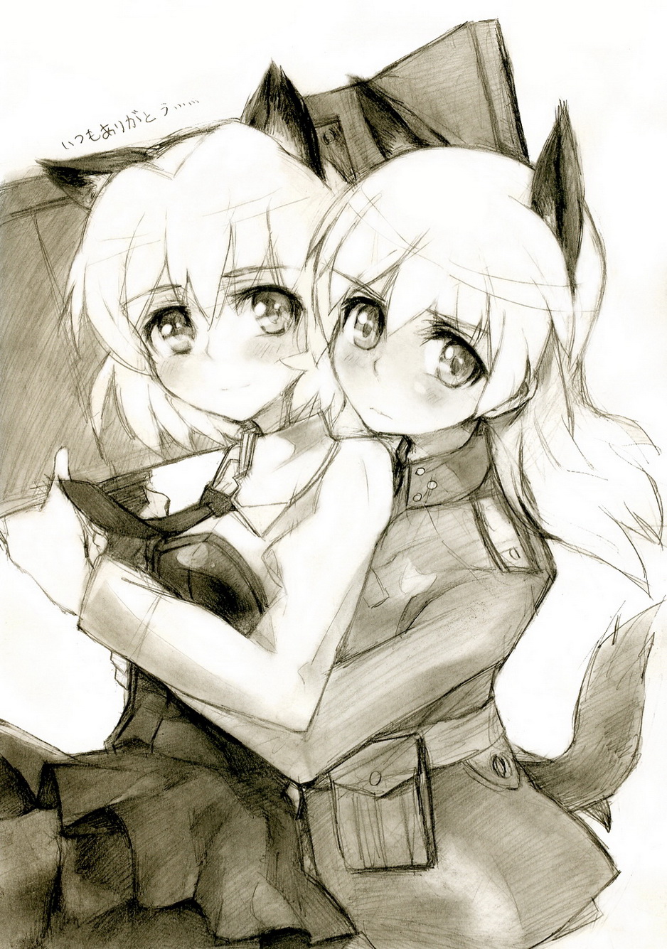 kisetsu, eila ilmatar juutilainen, sanya v. litvyak, strike witches, world witches series, uniform, bad id, bad pixiv id, highres, 00s, 2girls, animal ears, blush, hug, monochrome, multiple girls, pantyhose, sepia, tail
