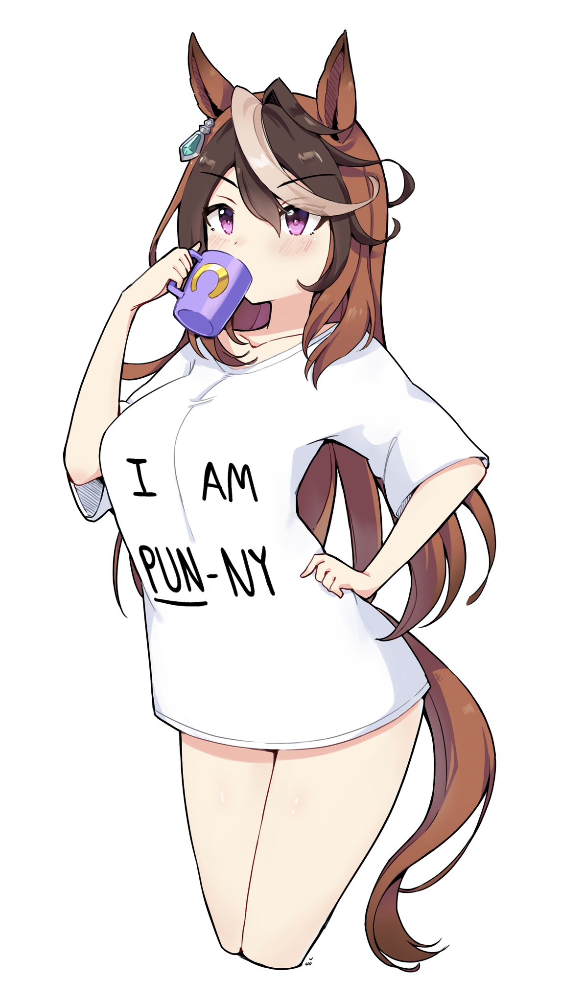ukichan22905846, symboli rudolf (umamusume), umamusume, highres, 1girl, animal ears, blush, breasts, brown hair, collarbone, cup, drinking, earrings, hair between eyes, holding, holding cup, horse ears, horse girl, horse tail, jewelry, large breasts, long hair, mug, multicolored hair, no pants, pun, purple eyes, shirt, simple background, single earring, streaked hair, tail, white background, white hair, white shirt