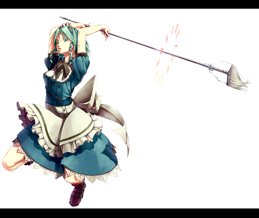sousou (sousouworks), izayoi sakuya, touhou, silver hair, 1girl, boots, braid, female focus, letterboxed, maid, mop, solo, twin braids