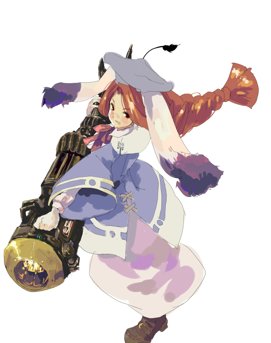 momo (breath of fire), breath of fire, breath of fire iii, animal ears, glasses, gloves, hat, long hair, m1 bazooka, orange hair, rabbit ears, red eyes, red hair, robe, rocket launcher, solo, weapon