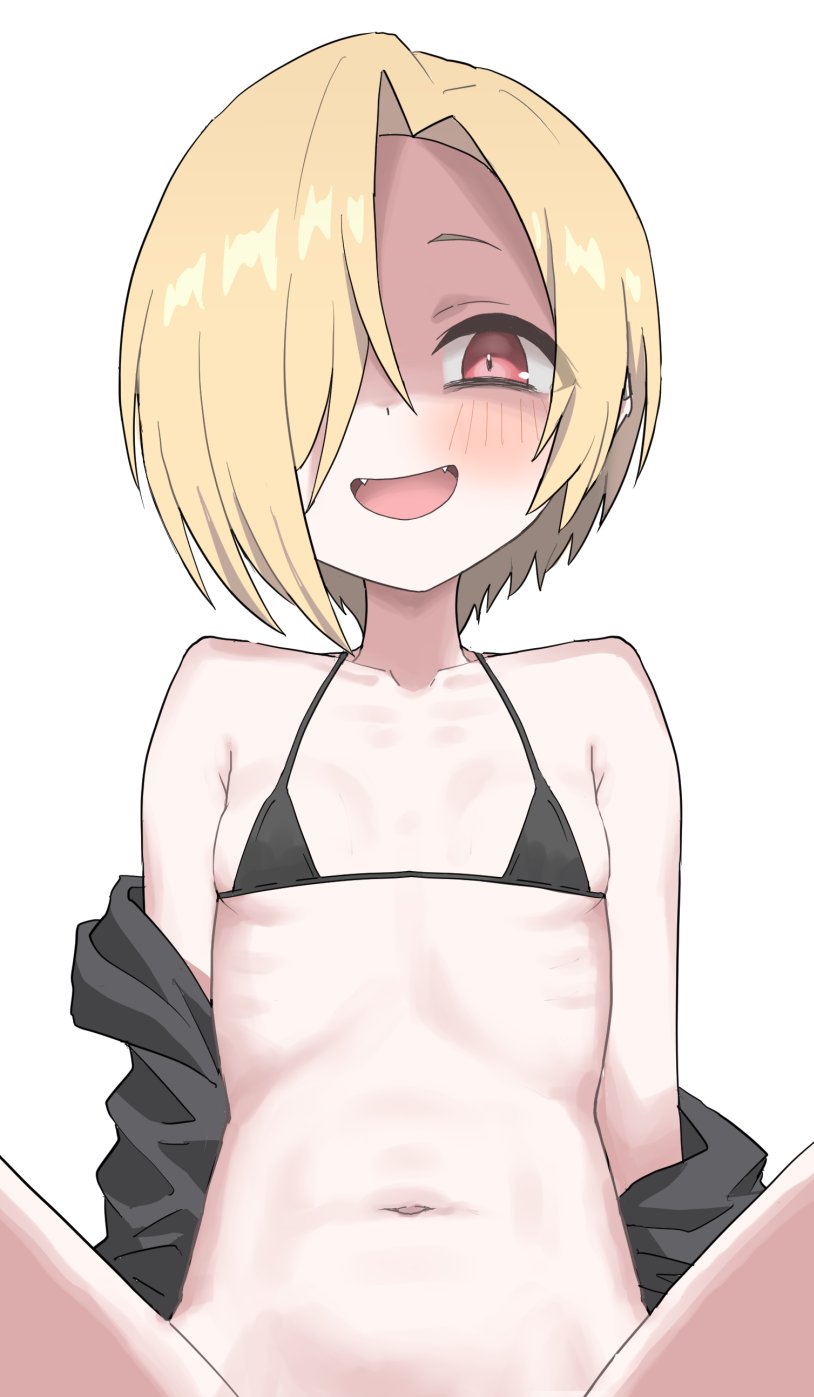 halulu, shirasaka koume, idolmaster, idolmaster cinderella girls, highres, 1girl, bare shoulders, bikini, black bikini, black jacket, blonde hair, breasts, clothes down, collarbone, fangs, hair over one eye, jacket, looking at viewer, navel, one eye covered, open clothes, open jacket, open mouth, out-of-frame censoring, red eyes, shaded face, short hair, simple background, small breasts, smile, solo, stomach, straight-on, swimsuit, upper body, white background