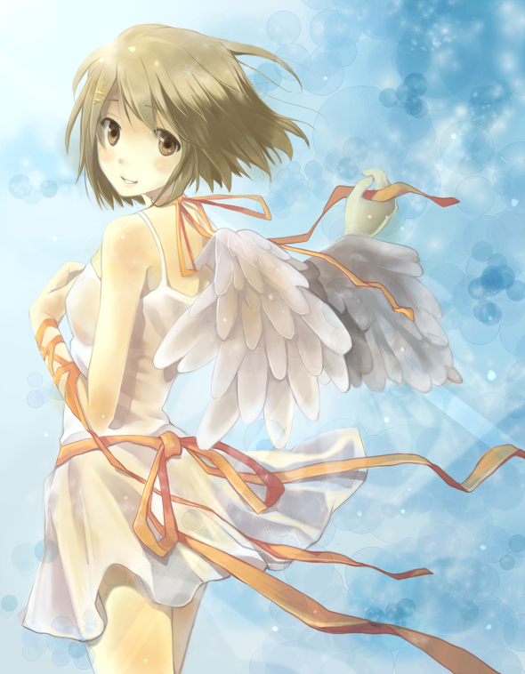 platinumcorundum, hirasawa yui, k-on!, bad id, bad pixiv id, 00s, 1girl, brown hair, female focus, ribbon, short hair, solo, wings