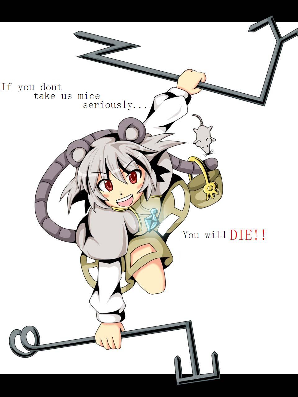 akatsu botan, nazrin, touhou, hard-translated, highres, third-party edit, translated, 1girl, animal ears, female focus, grey hair, holding, holding with tail, jewelry, letterboxed, mouse (animal), mouse ears, mouse tail, pendant, prehensile tail, red eyes, short hair, solo, tail, white background