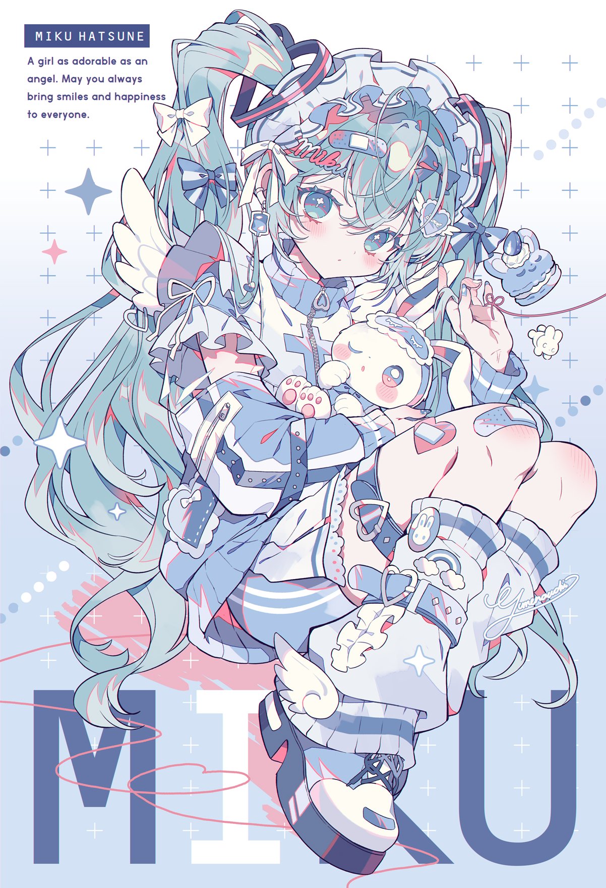 yumenouchi chiharu, hatsune miku, vocaloid, highres, 1girl, bandaid, bandaid on hair, bandaid on knee, bandaid on leg, blue eyes, blue hair, blush, bow, character name, earrings, english text, food, full body, garter straps, hair bow, hair ornament, jewelry, maid headdress, rabbit, socks, solo, tenshi kaiwai, white socks, wings