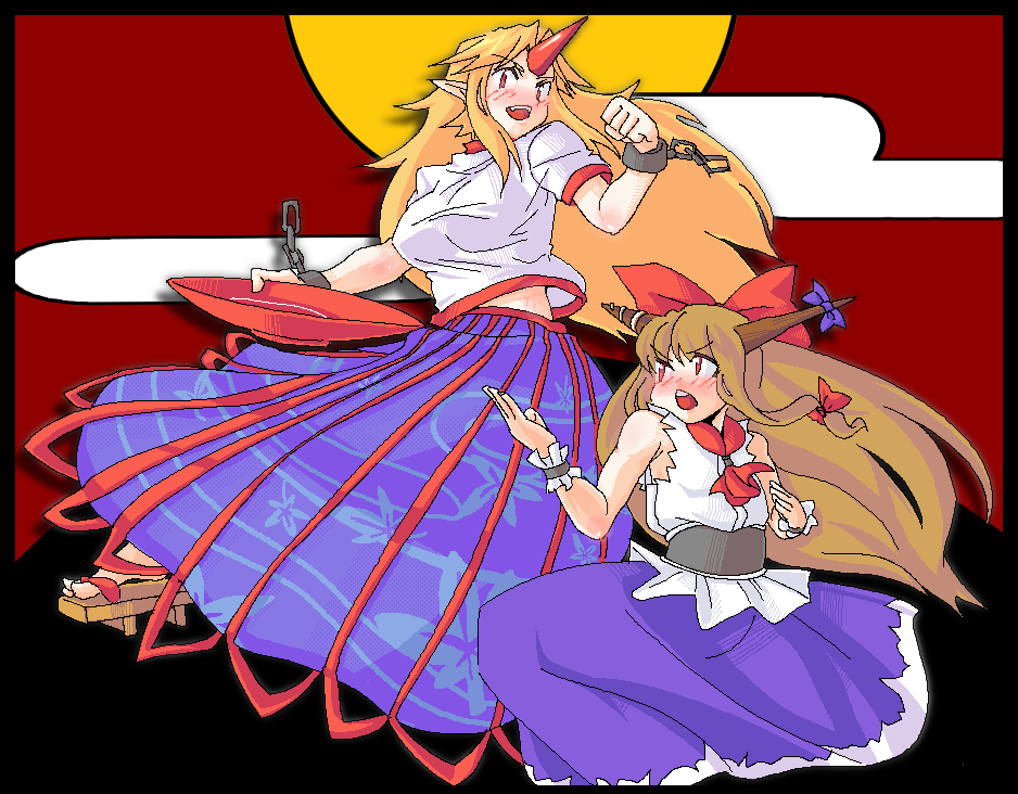 mori shin risuku, hoshiguma yuugi, ibuki suika, touhou, 2girls, alcohol, blonde hair, blush, bow, breasts, brown hair, chain, cuffs, cup, egasumi, fang, female focus, fighting stance, geta, hair ornament, hair ribbon, hanafuda, handcuffs, horns, large breasts, long hair, multiple girls, open mouth, pointy ears, red eyes, ribbon, sakazuki, sake, sidelocks, single horn, skirt, tank top, very long hair, wrist cuffs, wristband