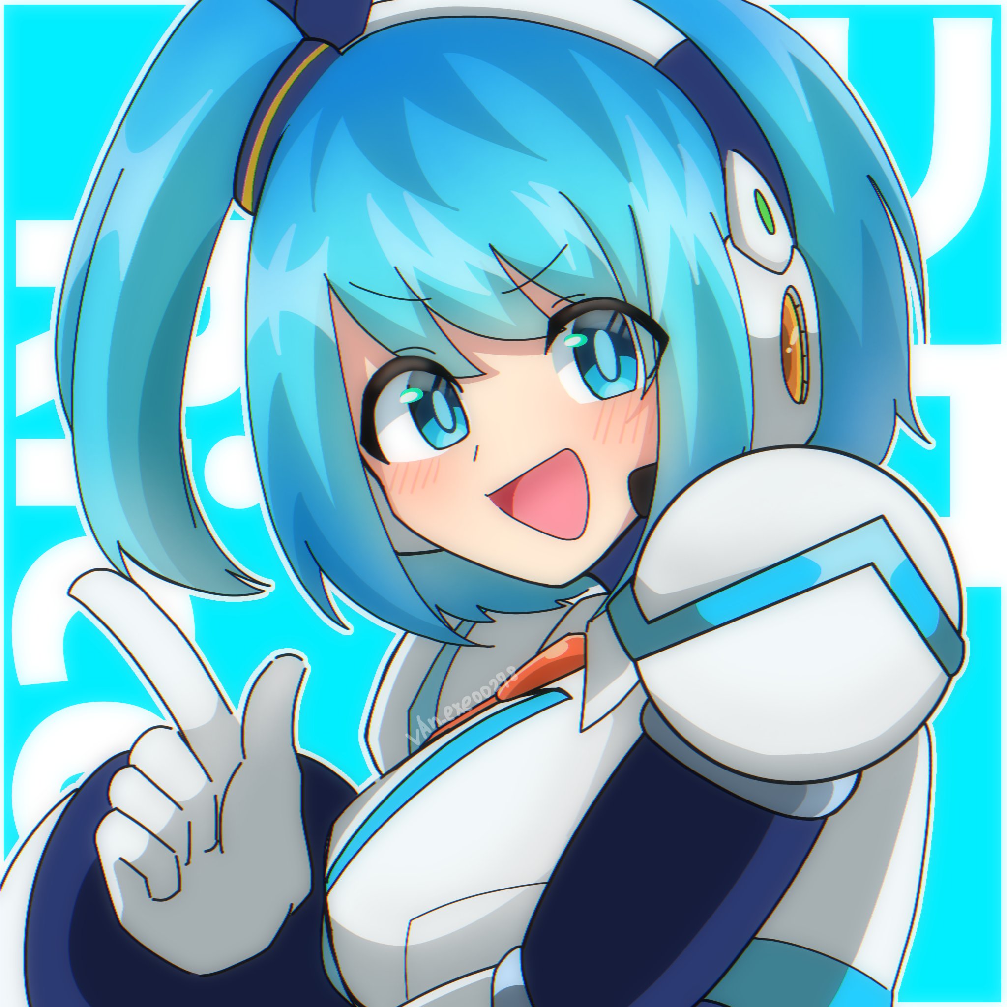 rico (mega man), mega man (series), mega man x (series), mega man x dive, highres, 1girl, :d, aqua background, aqua eyes, aqua hair, artist name, blush, character name, headset, index finger raised, looking at viewer, open mouth, short hair, side ponytail, smile, solo, upper body, van00278