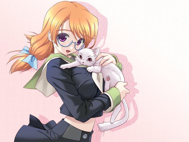 santa matsuri, matsubayashi shigure, mink (company), ren no koi, yakin byoutou, game cg, 00s, 1girl, aqua eyes, cat, clothes lift, female focus, glasses, gradient background, hair ribbon, midriff, orange hair, purple eyes, ribbon, school uniform, skirt, skirt lift, smile, solo, twintails