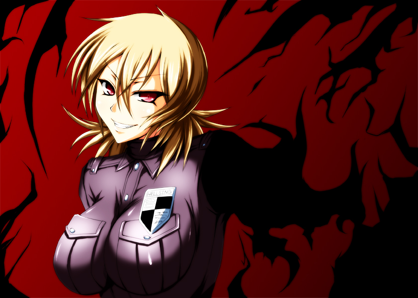 iwamoto eiri, seras victoria, hellsing, bad id, bad pixiv id, 1girl, blonde hair, breasts, grin, large breasts, red eyes, smile, vampire