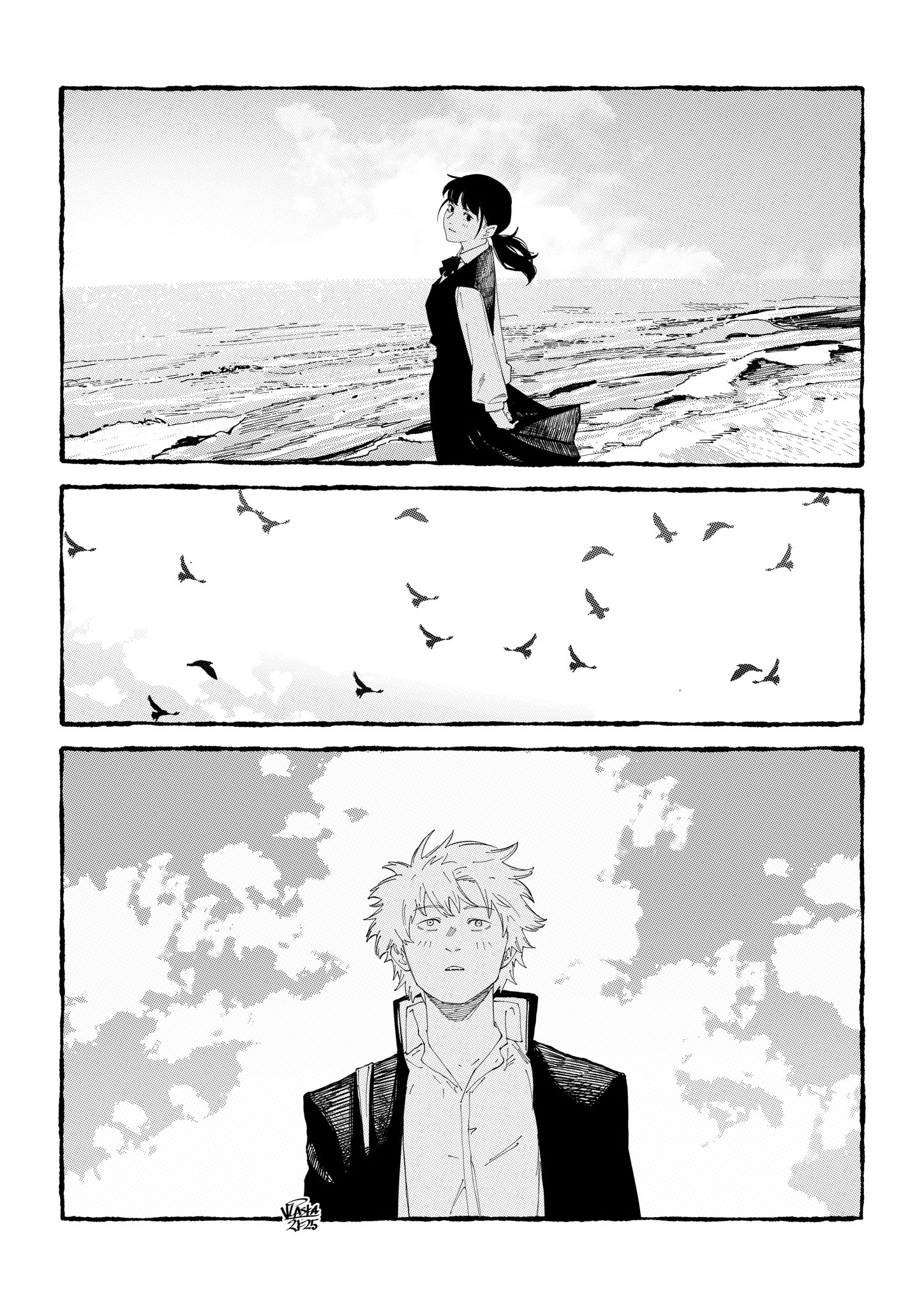 vlaskaaaaa, denji (chainsaw man), mitaka asa, chainsaw man, highres, 1boy, 1girl, arms behind back, beach, bird, fourth east high school uniform, gakuran, long hair, long sleeves, ocean, outdoors, school uniform, short hair