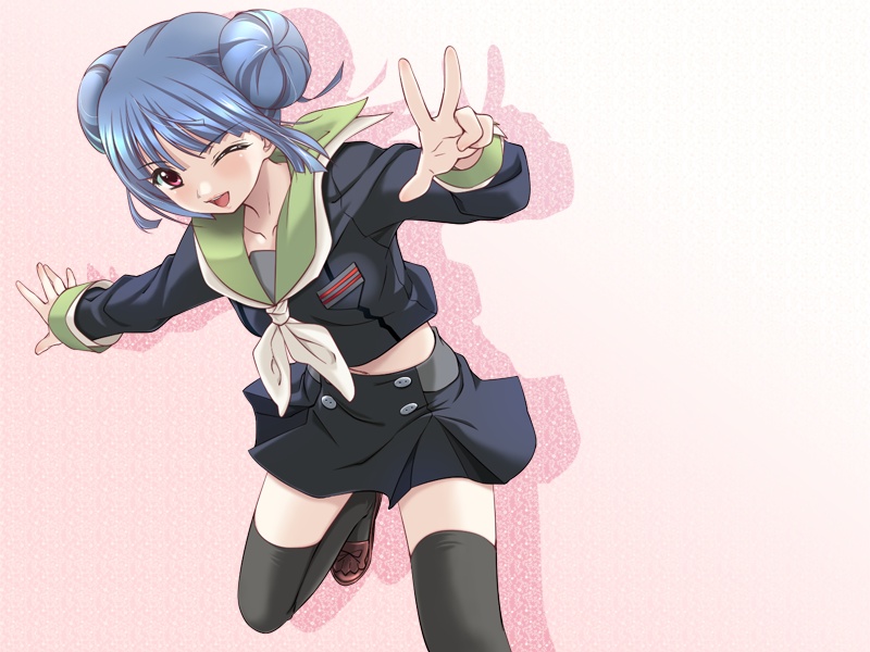 santa matsuri, sakushiba kyara, mink (company), ren no koi, yakin byoutou, game cg, 00s, 1girl, black thighhighs, blue hair, buttons, donut hair bun, double bun, female focus, gradient background, hair bun, leg lift, midriff, necktie, one eye closed, outstretched arms, pink eyes, red eyes, school uniform, skirt, smile, solo, spread arms, thighhighs, thighs, v, wink, zettai ryouiki