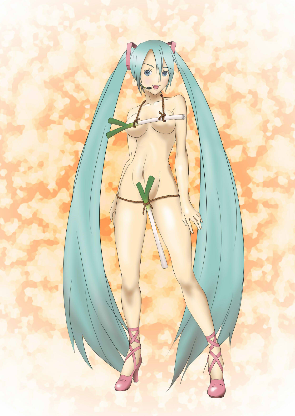 kamiya megumi, hatsune miku, vocaloid, highres, 1girl, aqua hair, bad anatomy, bad feet, blue eyes, breasts, covering privates, feet, female focus, food as clothes, high heels, long hair, medium breasts, microphone, nude, nude cover, poorly drawn, shoes, solo, spring onion, twintails, very long hair