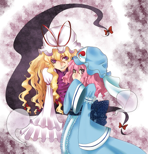 yoicha, yoisuke, saigyouji yuyuko, yakumo yukari, touhou, 2girls, blonde hair, female focus, gap (touhou), ghost, hair ornament, hair ribbon, hat, hat ribbon, japanese clothes, kimono, long hair, multiple girls, pink eyes, pink hair, purple eyes, ribbon, short hair