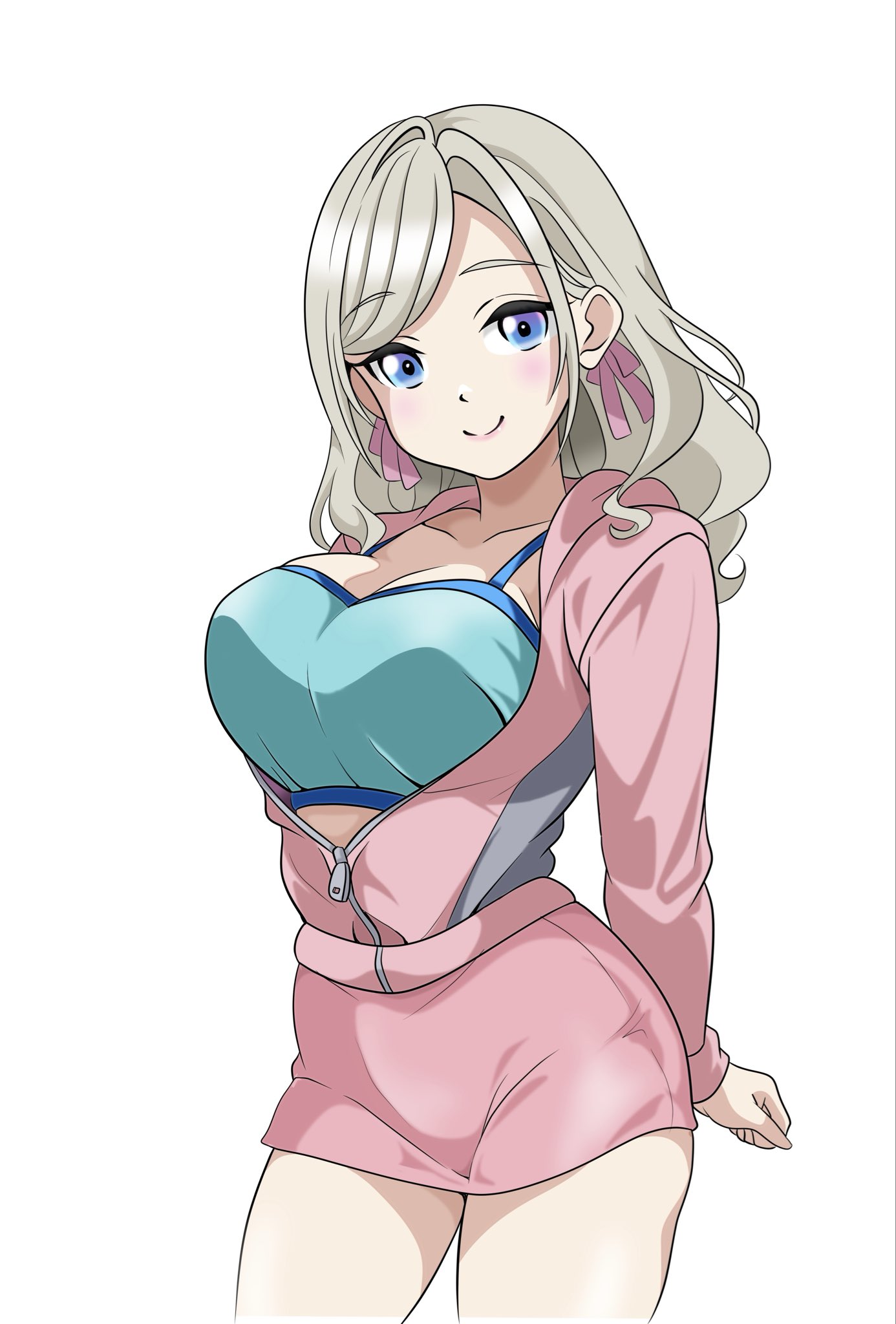 love love comedy, ceras yanagida lilienfeld, ceras yanagida lilienfeld (winter training wear), link! like! love live!, love live!, commentary, hashtag-only commentary, highres, 1girl, arms behind back, blue eyes, blue sports bra, breasts, cleavage, closed mouth, contrapposto, cowboy shot, grey hair, hair ribbon, hood, hooded jacket, jacket, large breasts, long hair, long sleeves, looking at viewer, microskirt, official alternate costume, open clothes, open jacket, pencil skirt, pink jacket, pink ribbon, pink skirt, ribbon, simple background, skirt, smile, solo, split mouth, sports bra, standing, virtual youtuber, wavy hair, white background