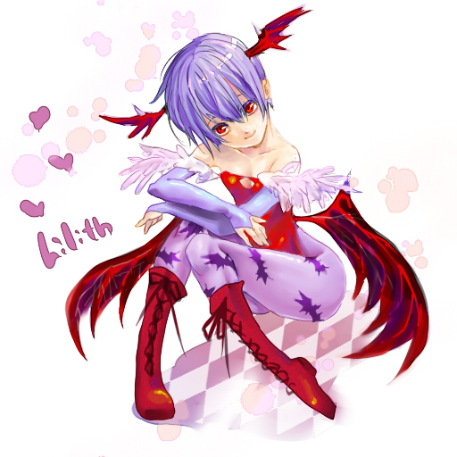 karakuchi, lilith (darkstalkers), capcom, darkstalkers, bad id, bad pixiv id, 1girl, animal print, bare shoulders, bat print, bat wings, boots, character name, checkered floor, demon girl, detached sleeves, elbow gloves, female focus, flat chest, floor, gloves, head wings, heart, high heels, knees to chest, leotard, pantyhose, print pantyhose, purple hair, red eyes, red leotard, shoes, short hair, sitting, solo, tiles, wings