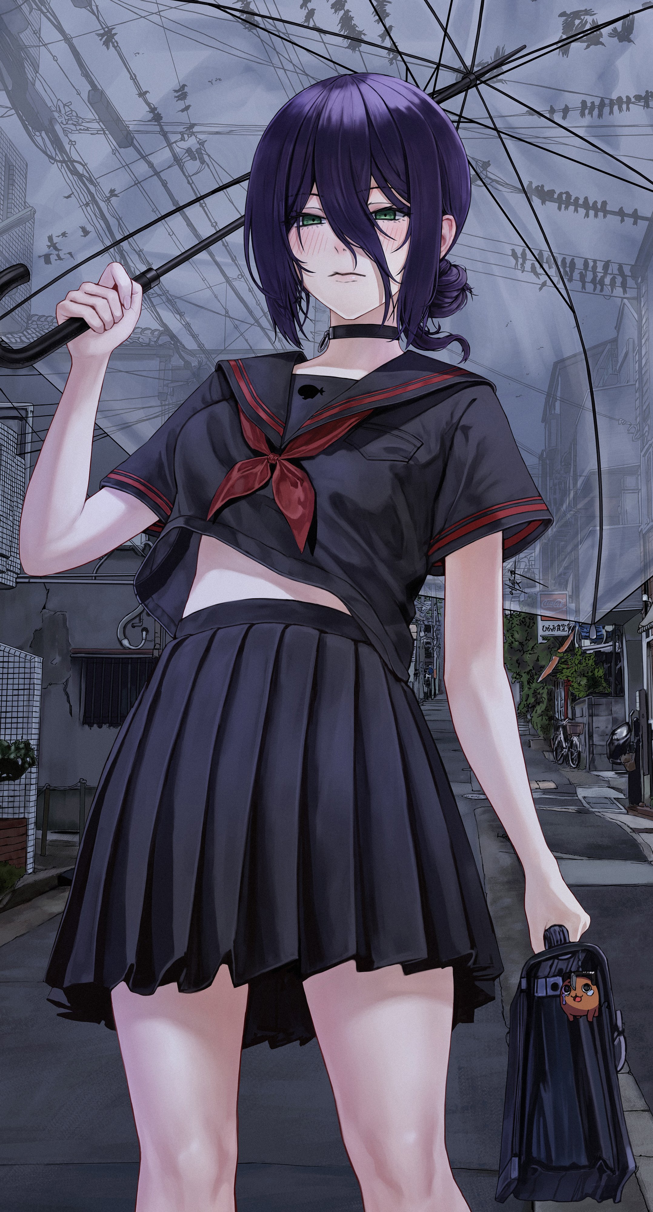 eruthu, pochita (chainsaw man), reze (chainsaw man), shimizu hinako, chainsaw man, silent hill (series), silent hill f, absurdres, highres, 1girl, bag charm, black choker, black serafuku, black shirt, black skirt, building, character charm, charm (object), choker, cosplay, green eyes, hair bun, holding, holding umbrella, neckerchief, pleated skirt, purple hair, red neckerchief, school uniform, serafuku, shimizu hinako (cosplay), shirt, skirt, solo, transparent, transparent umbrella, umbrella, urban