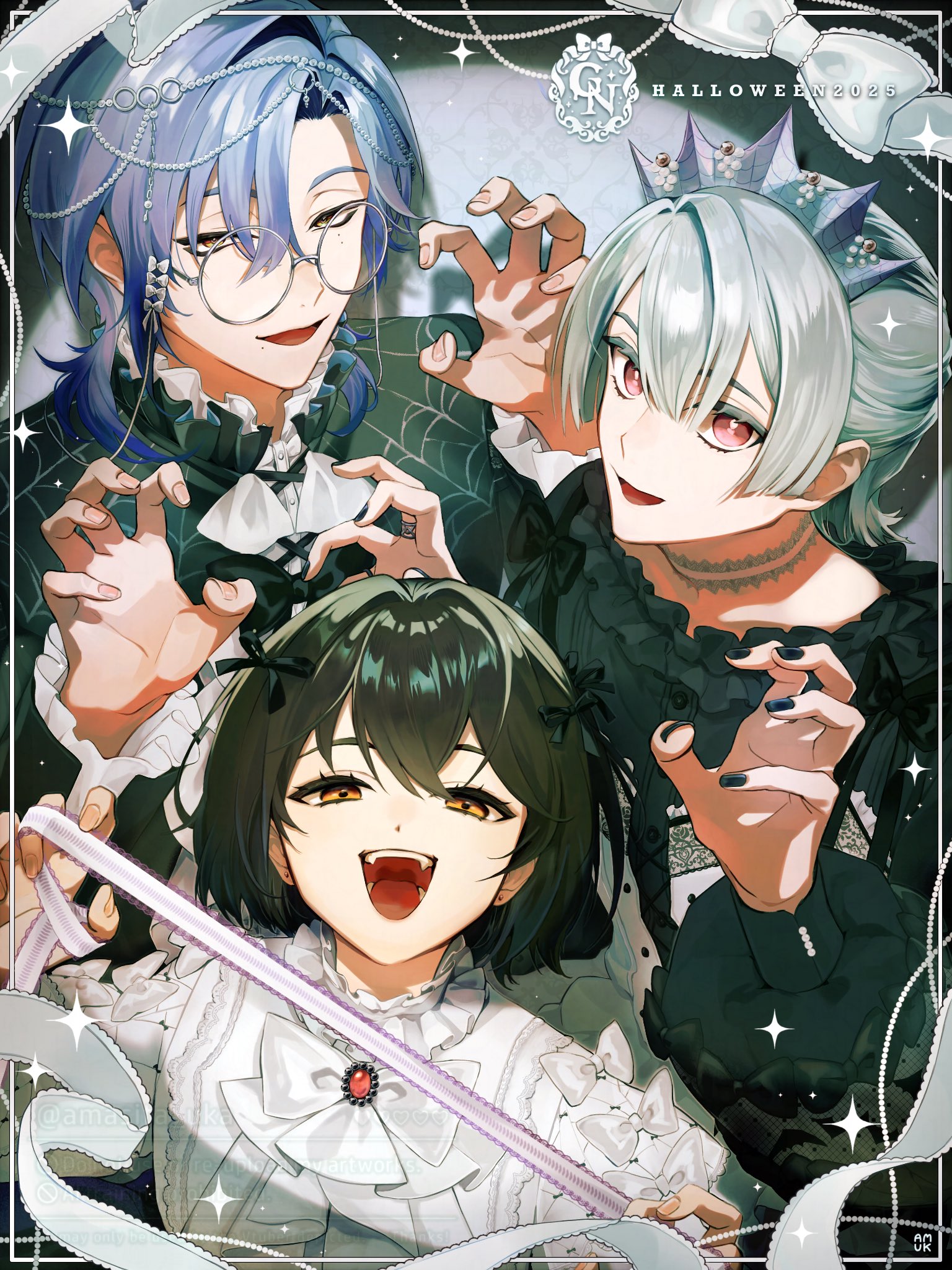 genzuki toujirou, mashiro meme, milan kestrel, nijisanji, highres, 3boys, amasita uka, black hair, black nails, blue hair, bow, bowtie, brooch, choker, claw pose, curtained hair, fangs, gem, glasses, grey hair, hair between eyes, hair ribbon, hands up, jewelry, long sleeves, male focus, medium hair, multiple boys, nail polish, official alternate costume, open mouth, red eyes, red gemstone, ribbon, round eyewear, short hair, smile, sparkle, spider web print, teeth, tiara, virtual youtuber, white bow, white bowtie, yellow eyes