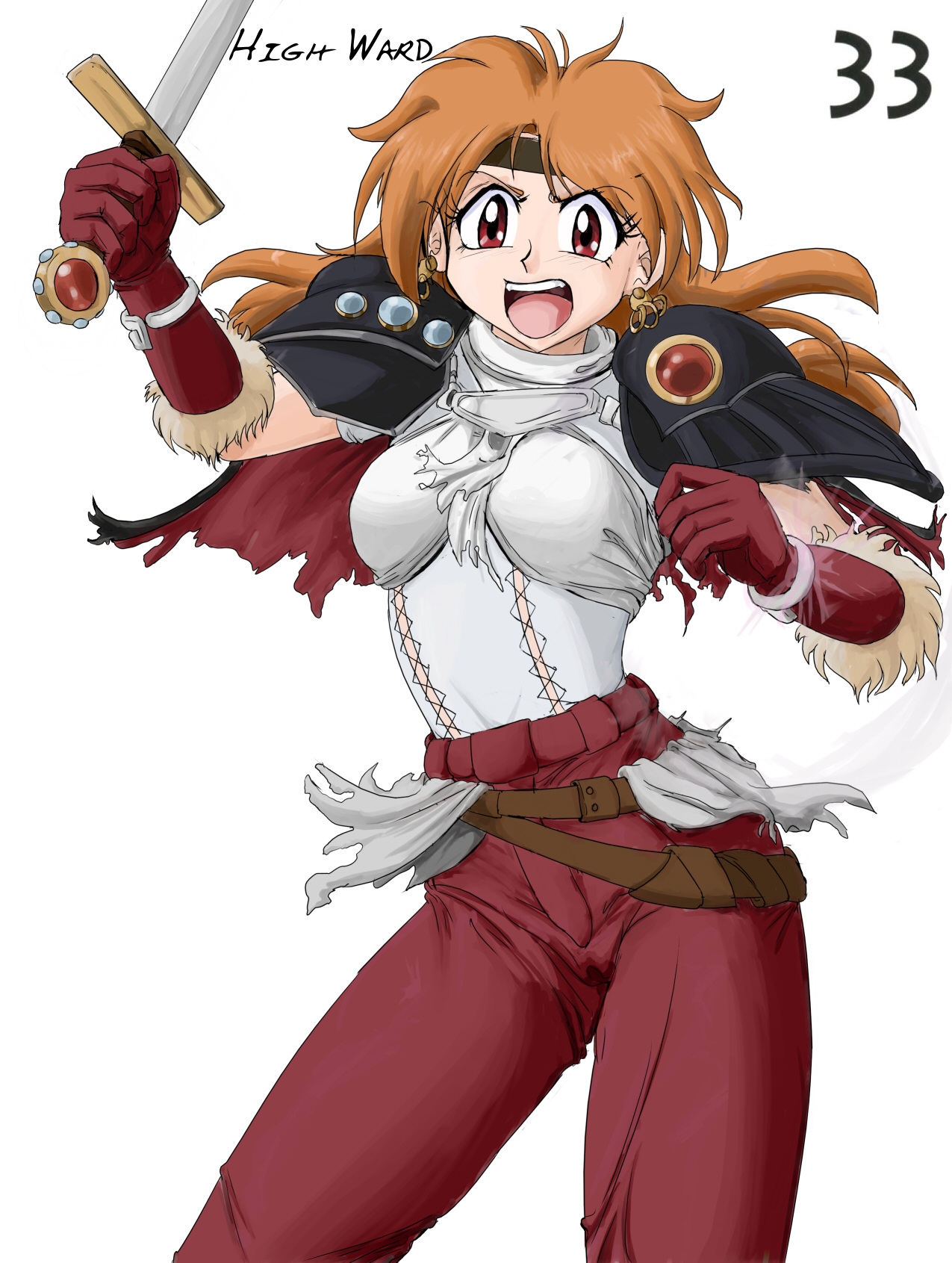 wbd, lina inverse, queen's gate, slayers, fur, highres, angry, armor, belt, bracelet, cape, earrings, gloves, jewelry, long hair, open mouth, orange hair, pants, parody, red eyes, red hair, solo, sword, torn clothes, turtleneck, weapon