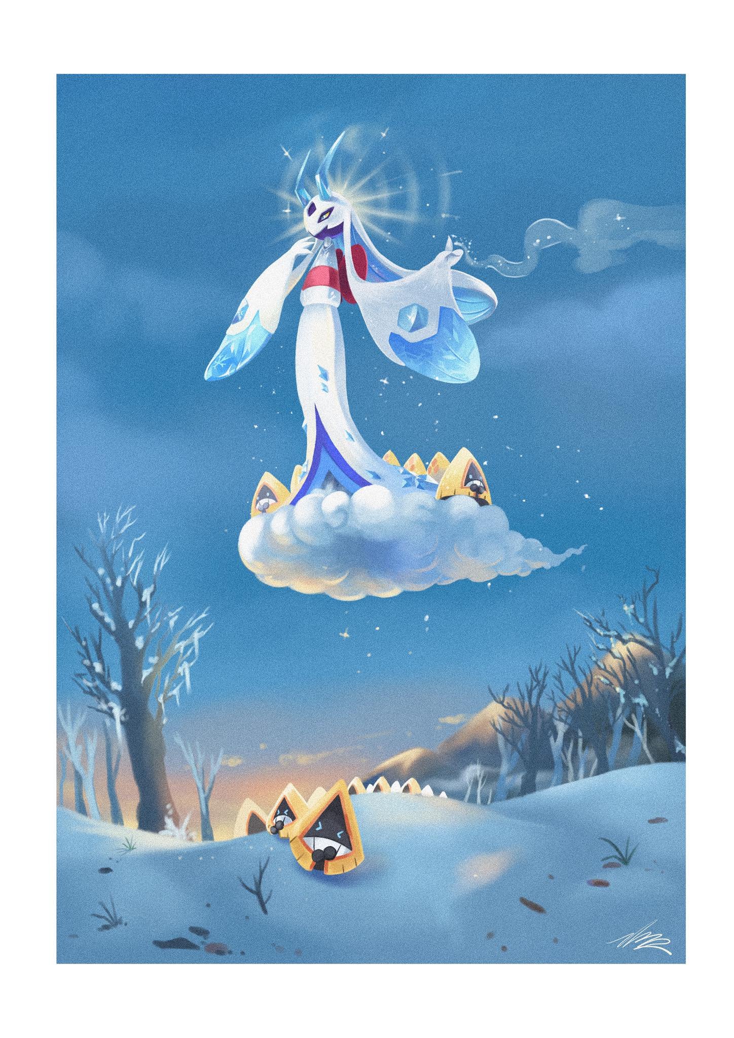 blawn z, froslass, mega froslass, snorunt, nintendo, pokemon, highres, blue eyes, blue sclera, cloud, colored sclera, evolutionary line, floating, gen 3 pokemon, gen 4 pokemon, horns, ice, mega pokemon, no humans, open mouth, outdoors, pokemon (creature), pokemon focus, sky, smile, snow, snowflakes, teeth, tree, yellow sclera