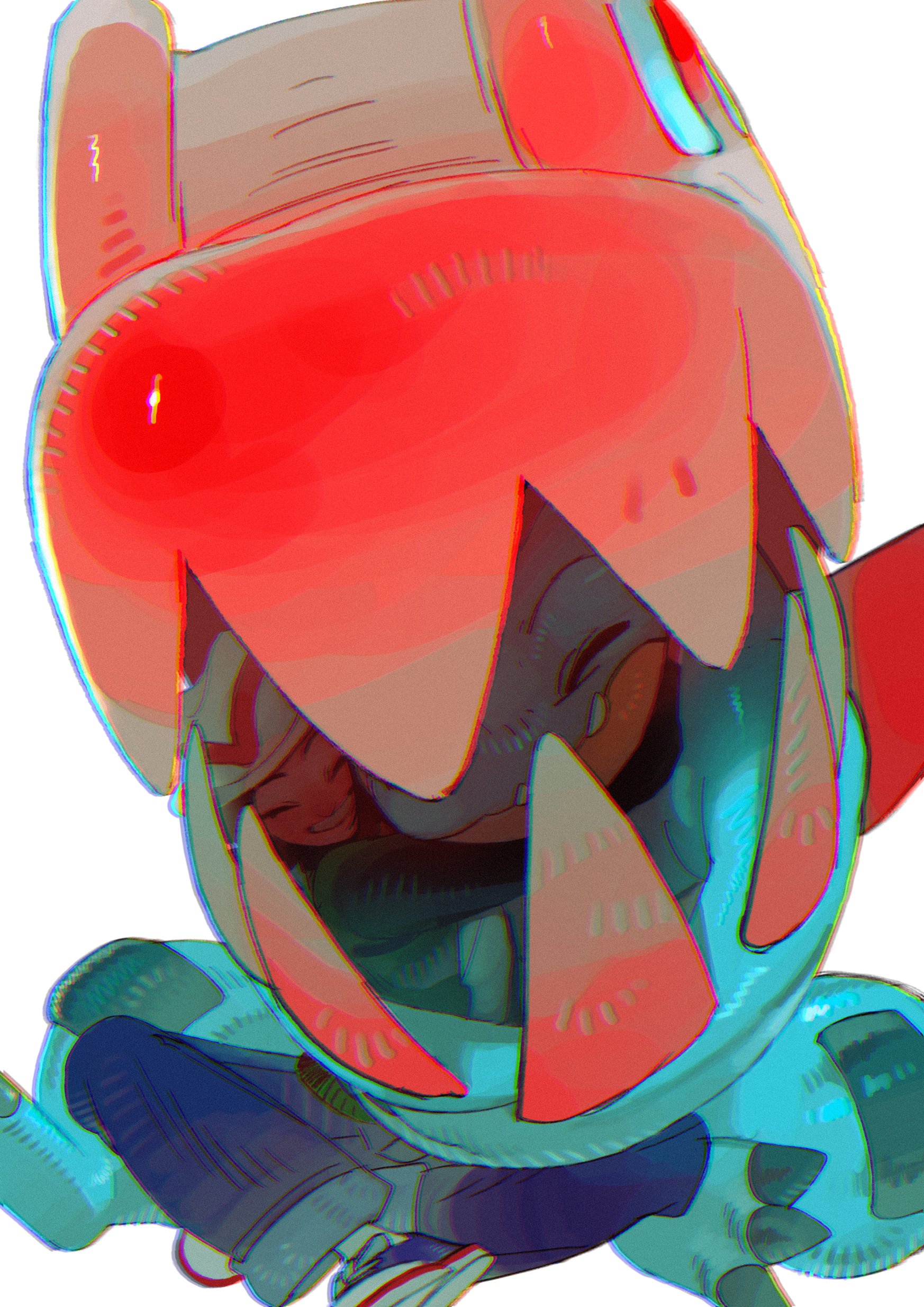 kengyou lei, feraligatr, harmony (pokemon), mega feraligatr, nintendo, pokemon, pokemon legends: z-a, absurdres, highres, bell-bottoms, blue claws, blue skin, brown hair, claws, closed eyes, closed mouth, colored skin, crocodilian, crossed legs, fangs, gen 2 pokemon, green jacket, hat, hood, hood up, hug, jacket, long sleeves, mega pokemon, open mouth, pants, pokemon (creature), sharp teeth, shoes, simple background, skin fangs, smile, socks, spikes, striped hat, teeth, white background, white hat, white socks