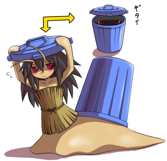 nollety, original, 1girl, antennae, arrow (symbol), black hair, blush, dress, female focus, long hair, monster girl, object on head, red eyes, simple background, slug girl, snail, snail girl, solo, straw dress, sweatdrop, trash can