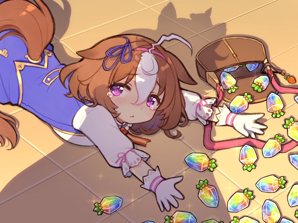 melon-fox, meisho doto (turbulent blue) (umamusume), meisho doto (umamusume), t.m. opera o (o sole suo!) (umamusume), t.m. opera o (umamusume), umamusume, 2girls, ahoge, animal ears, bag, blue dress, blush, bow, breasts, brown hair, carrot, carrot charm, closed mouth, crown, double-parted bangs, dress, ear ribbon, fallen down, gloves, hair between eyes, hairband, headband, horse ears, horse girl, horse tail, large breasts, long sleeves, looking at viewer, medium hair, multicolored hair, multiple girls, on floor, pink hairband, pink headband, purple eyes, shadow, shoulder bag, star (symbol), tail, two-tone hair, white dress, white gloves, white hair