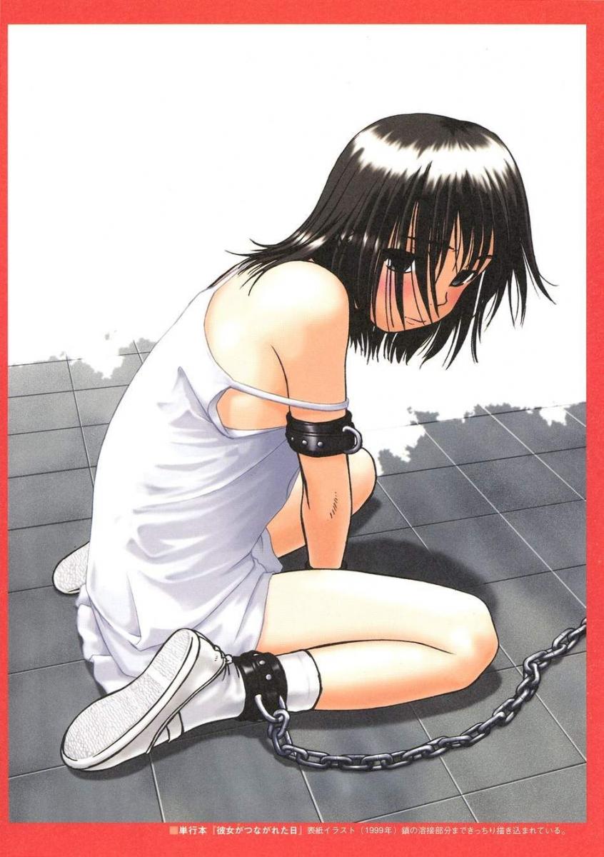 wang-pac, highres, 1girl, bdsm, black eyes, black hair, blush, bondage, border, bound, chain, cuffs, dress, female focus, floor, full body, red border, shoes, sitting, slave, sneakers, socks, solo, white socks