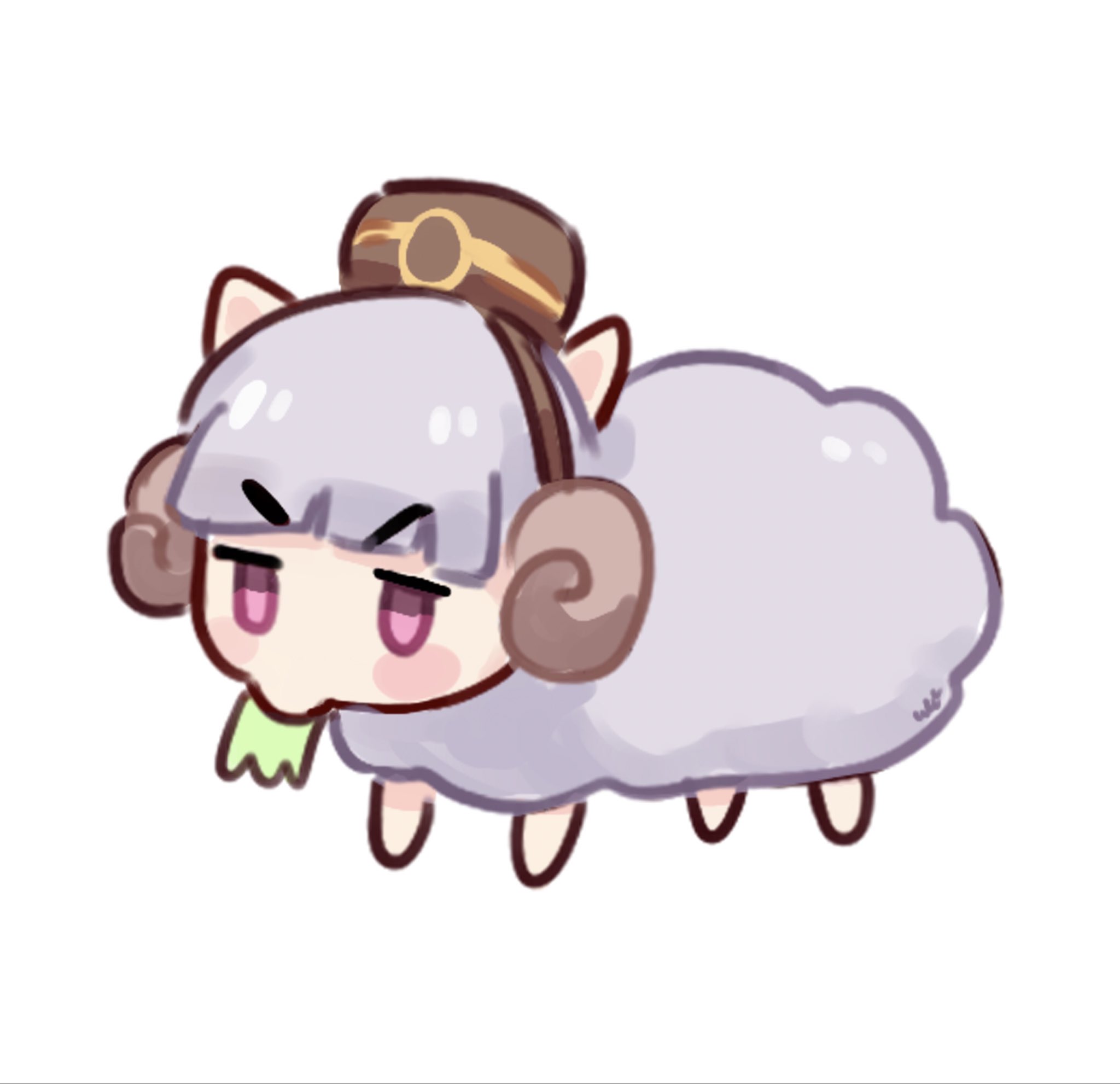 ukichan22905846, gold ship (umamusume), umamusume, highres, animal, animalization, blush, blush stickers, brown hat, eating, food in mouth, full body, grass, hat, horns, pillbox hat, purple eyes, recursive animalization, sheep, sheep horns, simple background, solo, white background