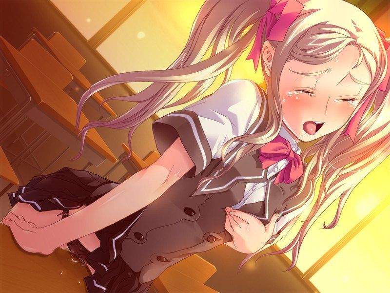 suzuki mei, yotsuya emi, shutter chance love, uniform, 1girl, blonde hair, classroom, clothed masturbation, crotch rub, desk, drooling, female orgasm, hair ribbon, loli, masturbation, open mouth, orgasm, panties, pussy juice, ribbon, rubbing, saliva, school, school uniform, short twintails, solo, table, table humping, tears, through panties, twintails, underwear